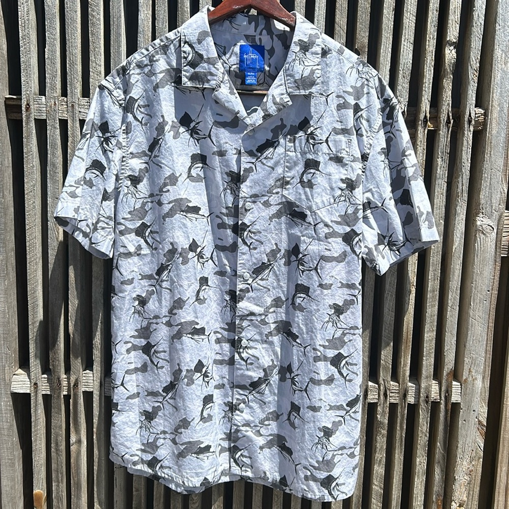 Men's Camo Sail Short Sleeve button up Fishing Shirt Guy Harvey Selfish
